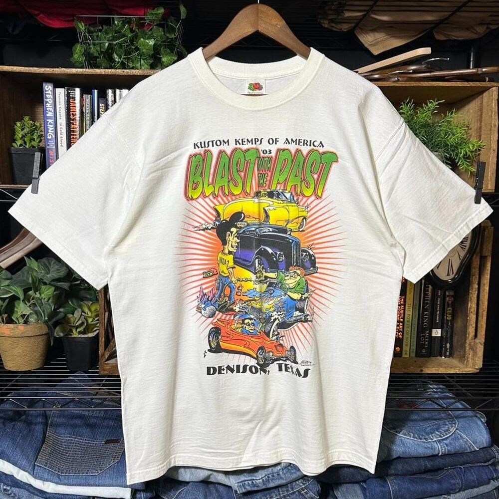 Vintage Y2K Blast with the Past Car Show Tee White Cartoon Cars Racing Shirt XL